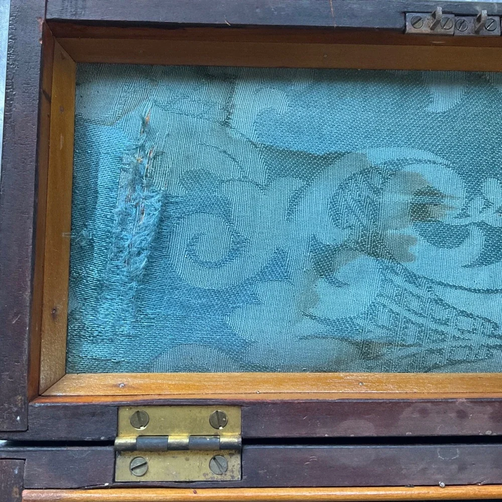Antique 19thC Folk Art Wooden Box Carved Diamond Damask Silk Lined Jewelry Chest